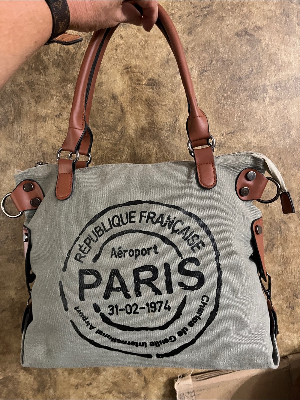 Canvas Paris Stamp Tote with Brown Leather Handles